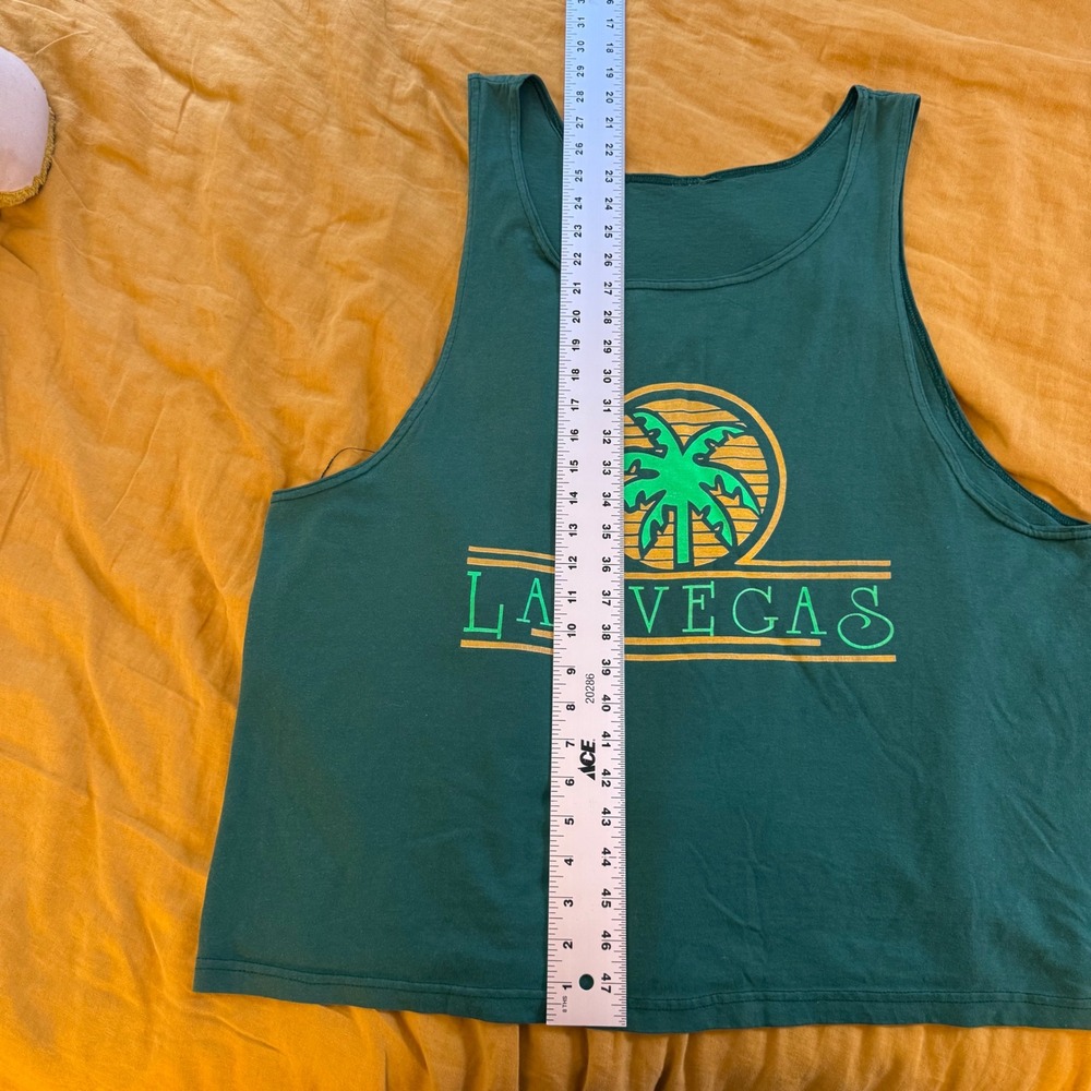 Vintage Las Vegas Palm Tree Graphic Tank Top Forest Green Mens XL Boxy Fit - Picture 5 of 6